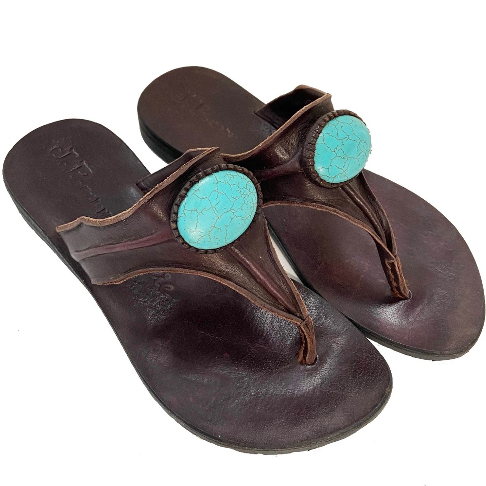 Sundance Handmade Brown Leather Thong Sandals w/ Turquoise Accent, Size 6